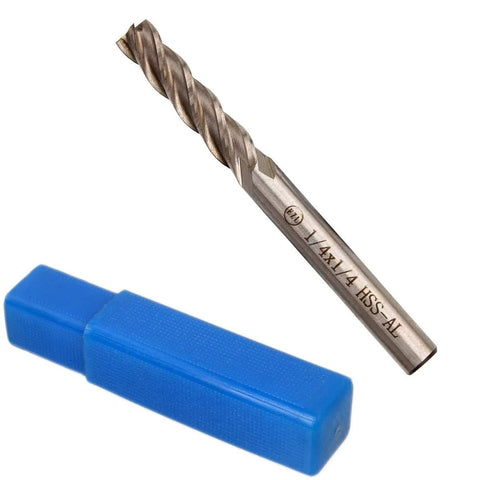 End mill, 1/4 inch HSS, 4-flute square-nose, straight-shank CNC bit with blue plastic case