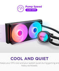 240MM AIO CPU Cooler featuring fast RGB lighting and a sleek black finish for effortless gaming upgrades that never break a sweat.