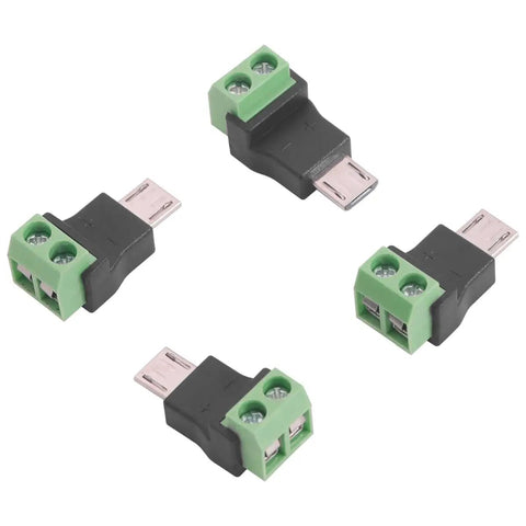 Micro USB Male To 2 Pin Screw Terminal Adapter Solderless Connector for charging phones cameras small appliances, green PVC, 4 units