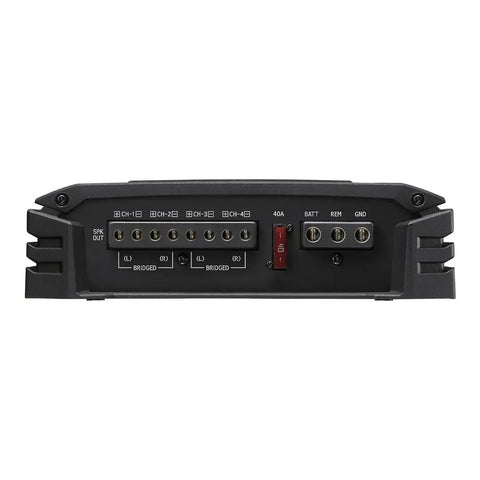 Rear view of Alpine S A32F 4 Channel Class D Digital Car Amplifier showing speaker connections and power inputs