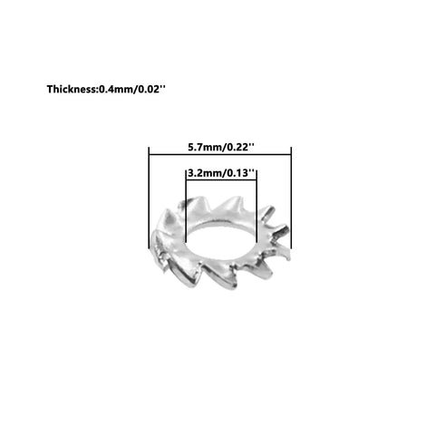 Top Quality M3 Star Lock Washers Crafted From Rust Resistant SUS304 Stainless Steel, dimensions showing 5.7mm OD, 0.4mm thickness.