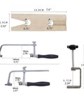 Adjustable Jeweler's Saw Frame Kit With 144 Blades Pro Grade 3 In 1 Jewelry Making Set dimensions and parts shown
