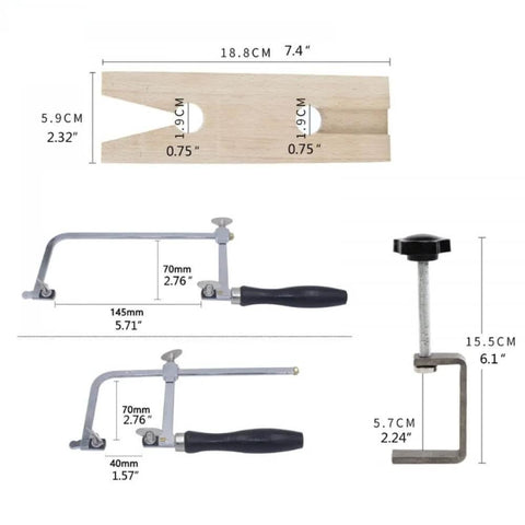 Adjustable Jeweler's Saw Frame Kit With 144 Blades Pro Grade 3 In 1 Jewelry Making Set dimensions and parts shown