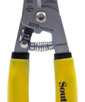 Compact Wire Stripper For 10-18 AWG With Stainless Steel Blades, yellow handles, spring-loaded grip, serrated nose.