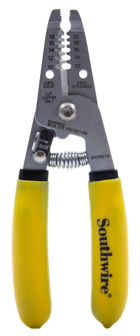 Compact Wire Stripper For 10-18 AWG With Stainless Steel Blades, yellow handles, spring-loaded grip, serrated nose.