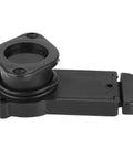 Front view of black PVC boat drain valve with circular inlet and mounting base
