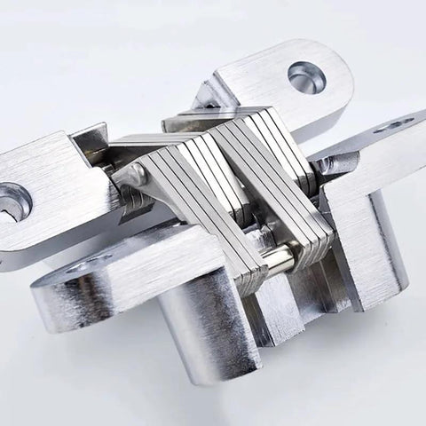 Close-up view of 180 Degree Concealed Door Hinge Folding Heavy Duty Built In Stainless Steel Invisible Hidden Cross Gemel No 3 Hinge
