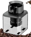 Smooth Sailing Electric Portafilter Knock Box Stand for 58mm espresso, clear container, sensor-activated cleaning design.