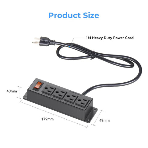 Under Desk Wall Mount Power Strip With 4 Outlets And Switch, 3 Ft Flat Plug Cord, dimensions shown in millimeters, black color, easy install.