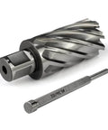 Annular cutter with 3/4 in Weldon shank and pilot pin; 1-1/4 in cutting diameter, 2 in depth, for magnetic drill press.