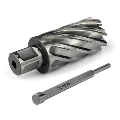 Annular cutter with 3/4 in Weldon shank and pilot pin; 1-1/4 in cutting diameter, 2 in depth, for magnetic drill press.