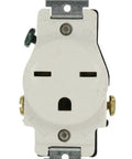 15 Amp 250 Volt Narrow Body Single Receptacle With Grounding, Straight Blade, Commercial Grade Electrical Outlet Model 5029-W White front view