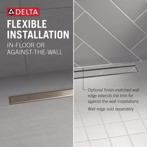 Heavy Duty 24 Inch Reversible Linear Shower Drain Trim Kit In Brushed Stainless Steel with flexible in-floor or against-the-wall installation.