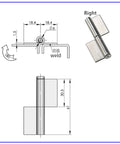 Technical drawing and image of Detachable 304 Stainless Steel Weld On Right Gate Hinge For Industrial Machinery Cabinets Non Hole Design