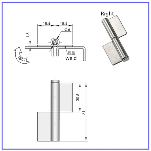 Technical drawing and image of Detachable 304 Stainless Steel Weld On Right Gate Hinge For Industrial Machinery Cabinets Non Hole Design