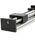 Smooth As Silk SFU1605 Linear Guide Rail System With 200mm Travel And 57 Stepper Motor Quiet High Precision Linear Motion Slider For DIY CNC And Automation Chrome Plated Rails For Long Life And Easy Self Alignment close-up of black carriage on chrome rails