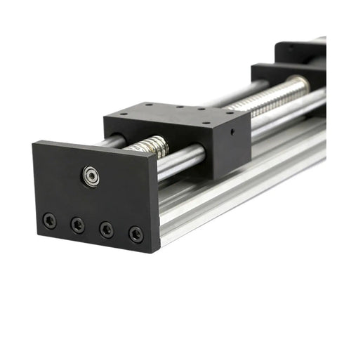 Smooth As Silk SFU1605 Linear Guide Rail System With 200mm Travel And 57 Stepper Motor Quiet High Precision Linear Motion Slider For DIY CNC And Automation Chrome Plated Rails For Long Life And Easy Self Alignment close-up of black carriage on chrome rails