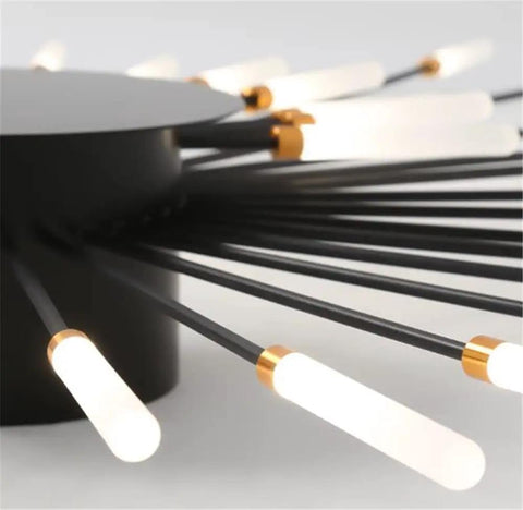 Close-up of Starburst Style Modern Semi Flush Mount Ceiling Light with gold tone acrylic finish, 12 bulbs included.