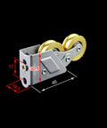Top Tier Sliding Door Pulleys With Butter Smooth Double Wheel Track Rollers Heavy Duty Stainless Steel Hardware Solid Cabinet Pulls Rustic Copper Finish Quiet Glides Effortless Setup Pack Of Two showing detailed dimensions and components.