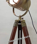 Antique Brass Rustic Floor Lamp With Wooden Stand, Vintage Look Designer Lamp for Living Room and Office, on a tripod base