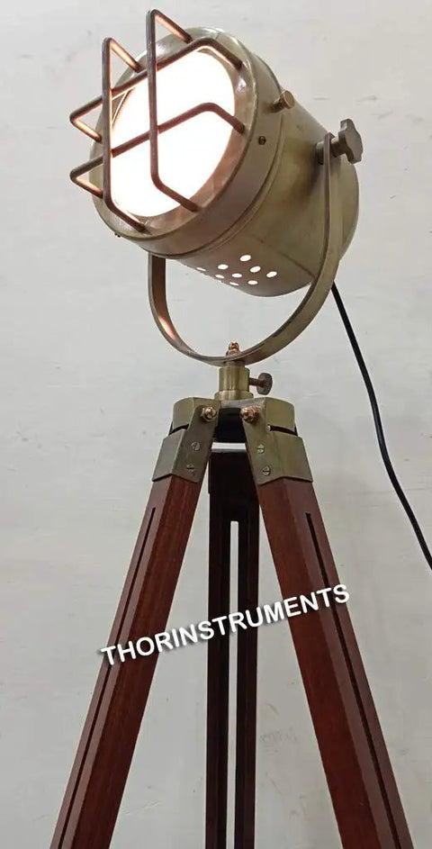 Antique Brass Rustic Floor Lamp With Wooden Stand, Vintage Look Designer Lamp for Living Room and Office, on a tripod base