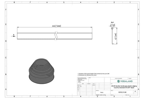 Technical drawing of 4 Inch HDPE Landscape Edging For Lawns And Flower Beds Flexible Garden Border System Black Easy To Install In Straight Lines Or 90 Degree Turns Frost And Rain Resistant.