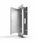 Top Tier Flush Steel Access Panel 12X12 Prehung Drywall Hatch With Concealed Hinge And Cam Latch Galvanized Build open to show interior structure.