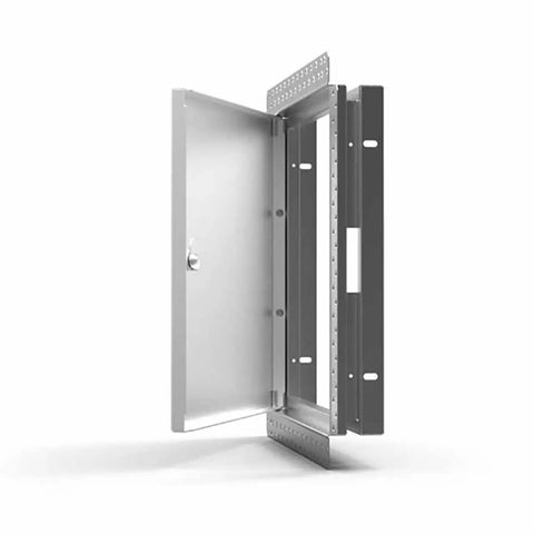 Top Tier Flush Steel Access Panel 12X12 Prehung Drywall Hatch With Concealed Hinge And Cam Latch Galvanized Build open to show interior structure.