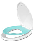 Elongated Toilet Seat With Built In Toddler Seat Kid Friendly Potty Training Ready Slow Close Lid Quick Release Hinges Never Loosen Heavy Duty Blue Finish For Everyday Use, showing toddler seat and slow close lid in open position.
