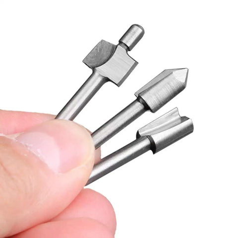 Close-up of Ten Piece HSS Router Bit Set With One Eighth Inch Shank For DIY Woodworking Handyman Pro Grade Straight Trim V Groove Beading