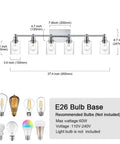 5 Light Industrial Vanity Light Fixture With Clear Glass Shades In Brushed Nickel dimensions and bulb types shown
