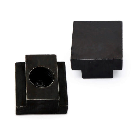 Pro Grade T Slot Nuts With Classic Black Oxide Finish Half Inch Thirteen Thread Fits Five Eighths Inch Table Slots Case Hardened 1018 Steel Four Pack showing two nuts with a black finish.