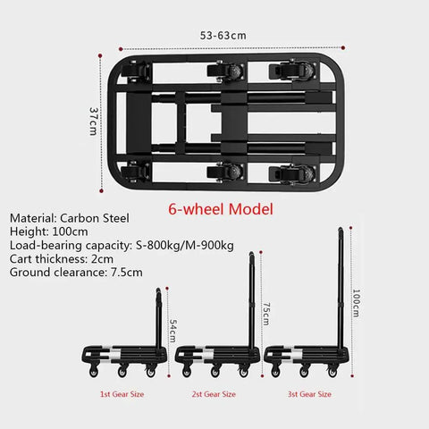Smooth Rolling Folding Platform Trolley With Durable Steel Frame, Portable Flatbed Cart dimensions and details on a light background.