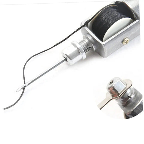 Close-up of Leather Stitching Machine Hand Sewing Tool For DIY Crafts, showing needle and thread detail with metal components for precision.