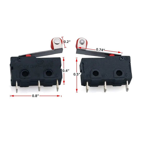 Roller Lever Arm Micro Limit Switch KW12 N 5A SPDT 1NO 1NC AC 125V 250V Small 20x10.5x6.5mm with red roller, side view