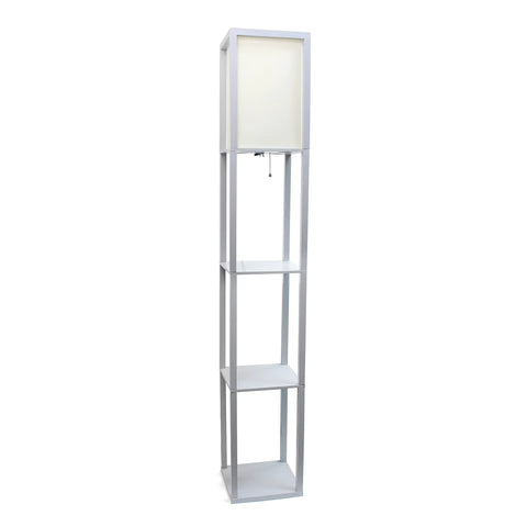 Sleek Gray Etagere Floor Lamp With Linen Shade And Built-In Shelves, Modern Storage Organizer Light with three shelves, full view