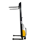 Semi Electric Wide Leg Pallet Stacker With 3307 Lbs Load Capacity And 138 Inch Lift Height side view with adjustable base legs and black frame.