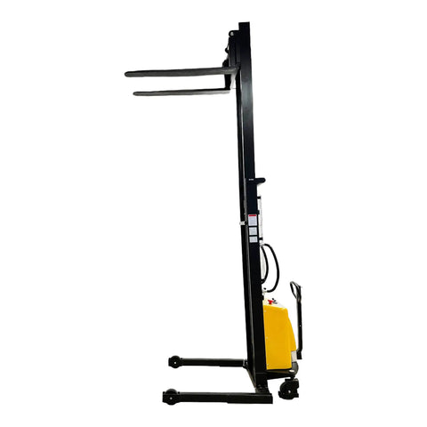 Semi Electric Wide Leg Pallet Stacker With 3307 Lbs Load Capacity And 138 Inch Lift Height side view with adjustable base legs and black frame.