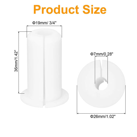 White silicone wall cable grommet with 7mm hole; 3/4-inch outer diameter, side and top views