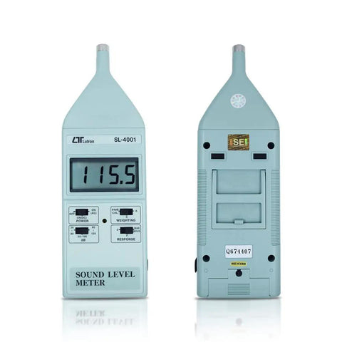 Front and back view of Pro Grade Class 1 Sound Level Meter Model SL4001 showing display and controls