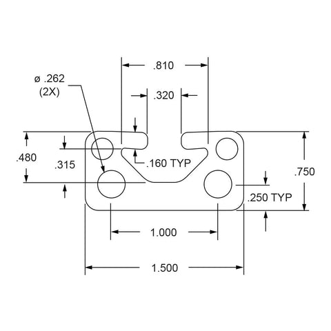 Hella Sturdy 1.5 By 0.75 Inch Clear Anodized Aluminum T Slot Extrusion Bar detailed technical drawing with measurements.