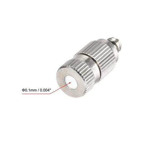 Close-up of Brass Misting Nozzle Set With Three Sixteenth Inch Thread, 0.1mm Orifice Fogging Spray Head, Silver Tone