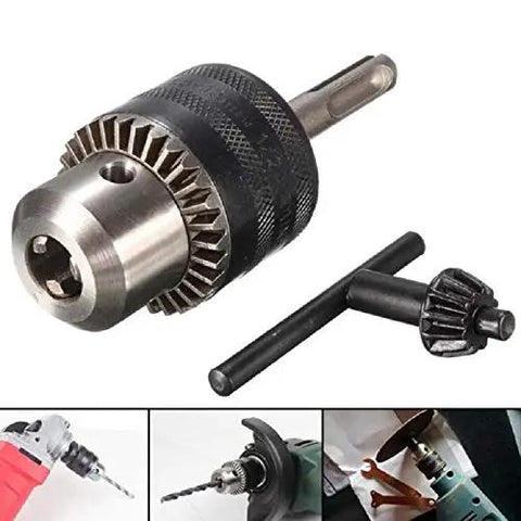 Game Changer 1 2 Inch Drill Chuck Adapter With Quick Swap Hex Drive And Wrench in silver and black, designed for heavy duty drilling.