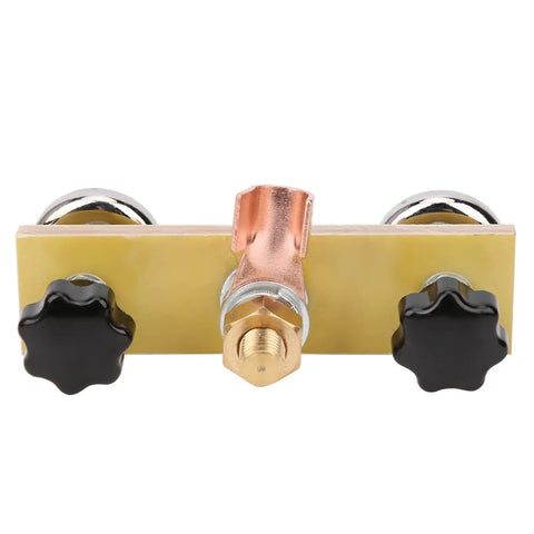 Heavy Duty Magnetic Ground Wire Clamp For Welding With Insulated Holder to Keep Workshop Repair And Metal Fabrication Projects Connected And Squeaky Clean, featuring a copper connector and black knobs.