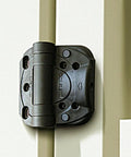 Heavy Duty Self Closing Gate Hinges With Adjustable Tension Springs For Square Post Vinyl PVC And Wood Pool Safety Hinge Built To Last With Swing Close 185 Pound Rating SHC135 Black Safetech installed on a white fence