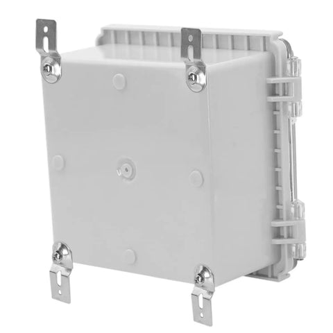 Back view of IP67 Waterproof Junction Box With Hinged Clear Cover And Stainless Steel Latch Plastic Enclosure, showing wall brackets