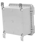 Built Tough IP67 Waterproof Junction Box with Hinged Clear Cover and Stainless Steel Latch shown from the side with mounting brackets.
