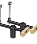 Heavy Duty Woodworking Workbench With Integrated Screw And Accessory Fixing System components in black and brass finish