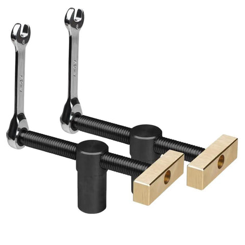 Heavy Duty Woodworking Workbench With Integrated Screw And Accessory Fixing System components in black and brass finish