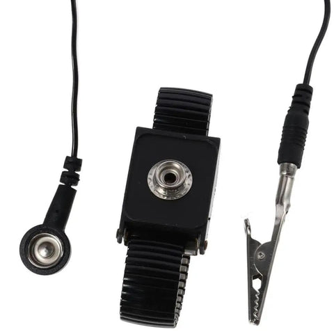 Extendable ESD Wrist Strap With Alligator Clip Grounding Wristband, black, 1.8M PU material, detachable components visible